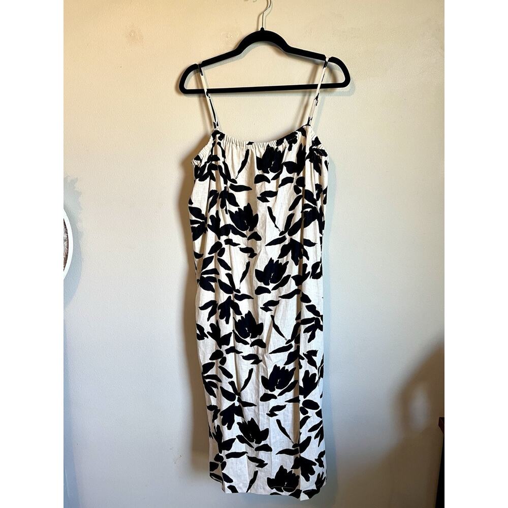 A New Day Linen Blend Floral Dress Cream Black Beach Vacation Resort Wear